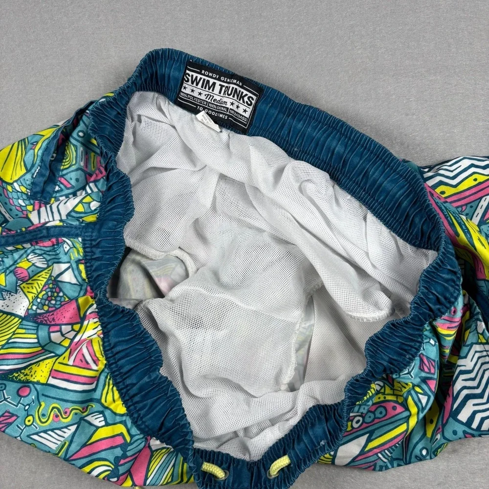 Rowdy Gentleman Mens M Swim Trunks‎ Blue Geometric Printed Drawstring Mesh Lined